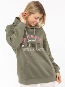 Zwillingsherz Bluza "Dog Life" w kolorze khaki rozmiar: L/XL. Brązowe bluzy Zwillingsherz, l, bez wzorów, z kapturem. Za 174,84 zł.