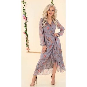 Długa Kopertowa Sukienka w Kwiaty. Sukienki Merribel, s, bez wzorów, z materiału, wizytowe, bez kołnierzyka, bez ramiączek, maxi, kopertowe. Za 189,90 zł.