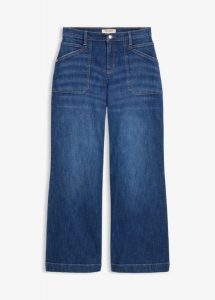 Dżinsy z szerokimi nogawkami, mid waist, i naszywanymi kieszeniami. Niebieskie jeansy bonprix, bez wzorów, z jeansu. Za 149,99 zł.