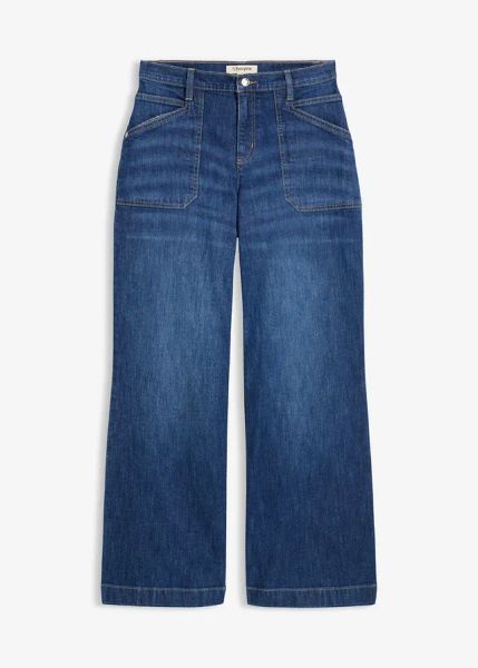 Jeansy z szerokimi nogawkami, mid waist, i naszywanymi kieszeniami. Czarne jeansy bonprix, bez wzorów, z jeansu. Za 154,99 zł.