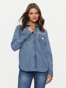 Guess Jeans Koszula jeansowa W4YH37 D5EI2 Niebieski Regular Fit. Niebieskie koszule Guess Jeans, xl, z aplikacjami, z bawełny, bez kołnierzyka, bez ramiączek. Za 239,99 zł.