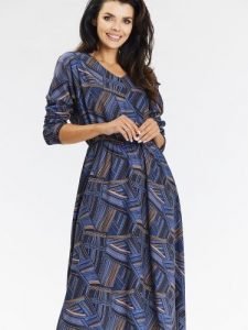 Sukienka Model A666 Navy/Brown Pattern - awama. Brązowe sukienki Awama, do pracy, l, bez wzorów, z elastanu, biznesowe, bez kołnierzyka, bez ramiączek, midi. Za 343,20 zł.