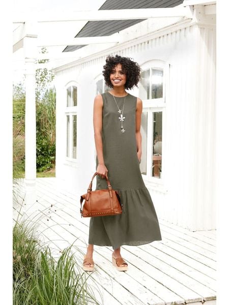 Heine Sukienka w kolorze khaki rozmiar: 42. Brązowe sukienki Heine, na co dzień, bez wzorów, bez kołnierzyka, bez ramiączek, maxi, proste. Za 82,99 zł.