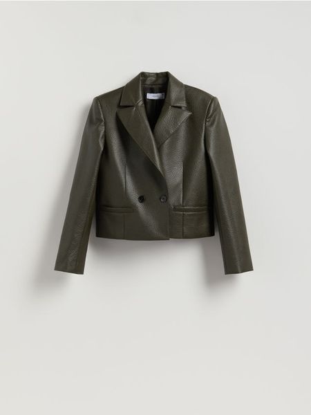 Marynarka z imitacji skóry - jasny zielony. Zielone marynarki i żakiety Reserved, l, bez wzorów, ze skóry. W wyprzedaży za 109,99 zł.