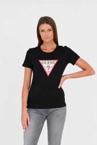 GUESS Czarny t-shirt Original Tee. Czarne t-shirty Guess, s, z aplikacjami, bez kołnierzyka, bez ramiączek. W wyprzedaży za 89,99 zł.