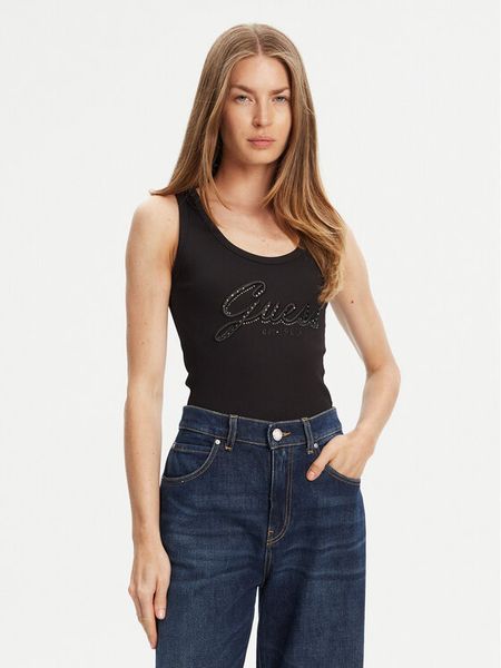 Guess Top W5YP00 KCXJ2 Czarny Regular Fit. Czarne topy Guess, xl, z aplikacjami, z syntetyku, bez kołnierzyka, bez ramiączek. Za 109,99 zł.