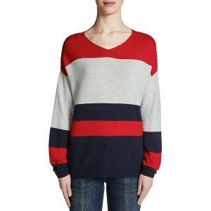 Sweter w kolorze czerwono-granatowym. Swetry oversize marki Oui. W wyprzedaży za 120,95 zł.