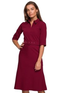 Elegancka sukienka koszulowa z kołnierzykiem i paskiem w talii bordowa. Czerwone sukienki Stylove, do pracy, s, bez wzorów, biznesowe, bez kołnierzyka, bez ramiączek, koszulowe. Za 329,00 zł.