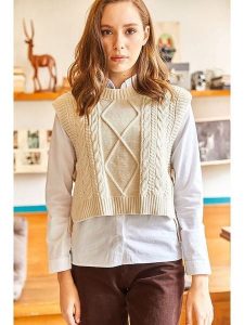 Olalook Bezrękawnik w kolorze kremowym rozmiar: onesize. Brązowe swetry oversize Olalook, bez wzorów, ze splotem, bez ramiączek. Za 52,99 zł.