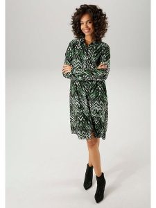 Aniston Sukienka w kolorze zielono-czarnym rozmiar: 42. Czarne sukienki Aniston, na co dzień, bez wzorów, z wiskozy, bez kołnierzyka, bez ramiączek, midi, proste. Za 91,56 zł.