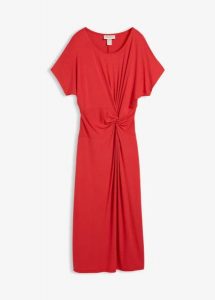 Sukienka z dżerseju z mieszanki wiskozy. Czerwone sukienki bonprix, bez wzorów, z dżerseju, eleganckie, bez kołnierzyka, bez ramiączek. Za 59,99 zł.