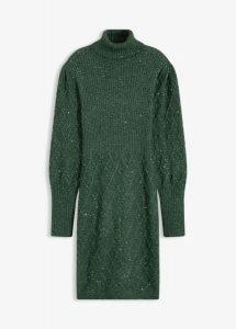 Sukienka dzianinowa z cekinami. Zielone sukienki bonprix, bez wzorów, z dzianiny, eleganckie, bez kołnierzyka, bez ramiączek. Za 149,99 zł.