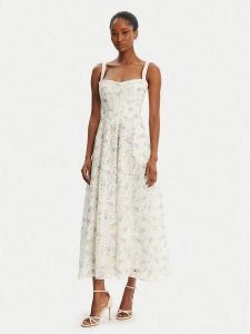 Bardot Sukienka letnia Adaline Broderie 58655DB3 Biały Regular Fit. Białe kombinezony Bardot, na lato, bez wzorów, z syntetyku, bez kołnierzyka, bez ramiączek. Za 449,99 zł.