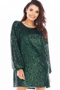 Luźna Mini Sukienka w Stylu Glamour - Zielona. Zielone sukienki Awama, l, bez wzorów, z materiału, glamour, bez kołnierzyka, bez ramiączek, mini. Za 419,90 zł.