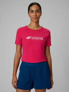 4F T-shirt slim z nadrukiem damski - różowy L. Czerwone t-shirty 4f, l, bez wzorów, z materiału, bez kołnierzyka, bez ramiączek. Za 59,99 zł.