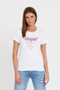 GUESS Biały T-shirt Icon Tee. Białe t-shirty Guess, s, z aplikacjami, bez kołnierzyka, bez ramiączek. W wyprzedaży za 181,99 zł.