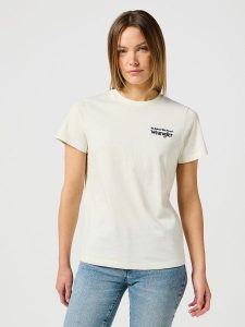 WRANGLER DAMSKA KOSZULKA WRANGLER GRAPHIC TEE VINTAGE WHITE 112356428. Białe bluzki Wrangler, l, bez wzorów, vintage, bez kołnierzyka, bez ramiączek. Za 89,99 zł.