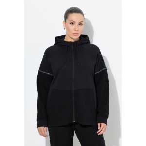 Damskie Bluza odblaskowe paski kaptur w połowie z eleganckiego weluru ottoman. Czarne bluzy Ulla Popken, plus size, bez wzorów, z bawełny, bez kaptura. W wyprzedaży za 223,99 zł.