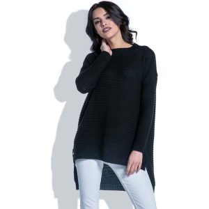 Czarny Sweter w Prążek z Dłuższym Tyłem. Swetry klasyczne marki Molly.pl. W wyprzedaży za 83,93 zł.
