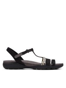 Clarks Sandały Amanda Tealite 26171125 Czarny. Czarne sandały Clarks, bez wzorów, z nubiku, bez obcasa, na płaskiej podeszwie, bez zapięcia. Za 229,99 zł.