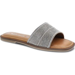 Białe Klapki Tamaris Eleganckie Buty Damskie Na Lato. Białe klapki Tamaris, z aplikacjami, ze skóry, bez obcasa, na obcasie. Za 169,00 zł.