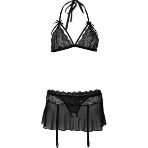 Biustonosz + stringi + spódniczka (3 części) bonprix czarny. Komplety bielizny marki bonprix. Za 69,99 zł.