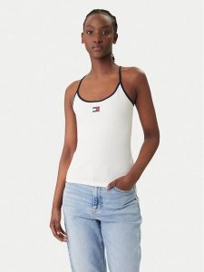Tommy Jeans Top DW0DW22261 Biały Slim Fit. Białe topy Tommy Jeans, s, bez wzorów, z bawełny, bez kołnierzyka, bez ramiączek. Za 149,99 zł.
