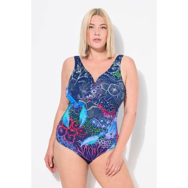Damski Kostium kąpielowy homary dekolt w serce miękkie miseczki. Niebieskie stroje jednoczęściowe Ulla Popken, bez wzorów, z elastanu. Za 244,99 zł.