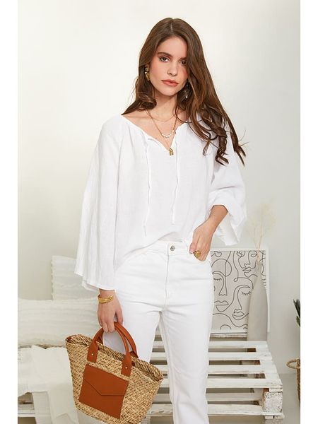 Rodier Lin Lniana bluzka w kolorze białym rozmiar: S/M. Białe bluzki Rodier Lin, m, bez wzorów, ze lnu, bez kołnierzyka, bez ramiączek. Za 113,36 zł.