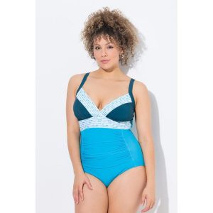 Damski Strój kąpielowy naszywki miękkie miseczki z recyklingu. Niebieskie stroje jednoczęściowe Ulla Popken, z aplikacjami, z elastanu. Za 239,99 zł.