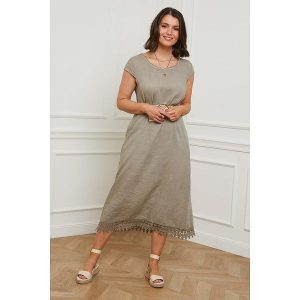 Curvy Lady Lniana sukienka w kolorze szarobrązowym rozmiar: 44/46. Brązowe sukienki Curvy Lady, na co dzień, bez wzorów, z koronki, klasyczne, bez kołnierzyka, bez ramiączek, maxi, proste. Za 136,13 zł.