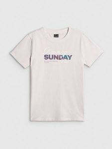 4F T-shirt regular z nadrukiem damski - biały XS. Białe t-shirty 4f, xs, bez wzorów, z bawełny, bez kołnierzyka, bez ramiączek. Za 59,99 zł.