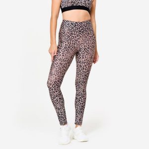 Legginsy fitness damskie Domyos. Brązowe legginsy DOMYOS, bez wzorów, z elastanu, z podwyższonym stanem. Za 69,99 zł.