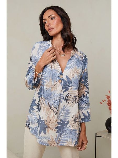 Le Monde du Lin Lniana tunika w kolorze kremowo-błękitnym rozmiar: 36/38. Brązowe tuniki Le Monde du Lin, bez wzorów, ze lnu, klasyczne, bez kołnierzyka, bez ramiączek. Za 113,36 zł.