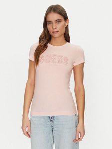Guess T-Shirt W5GI04 J1314 Różowy Slim Fit. Czerwone t-shirty Guess, s, z aplikacjami, z bawełny, bez kołnierzyka, bez ramiączek. Za 109,99 zł.
