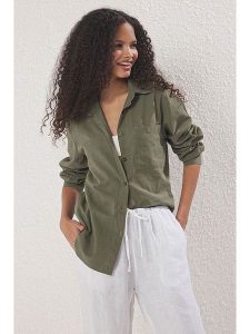 Trendyol Koszula w kolorze khaki rozmiar: 42. Brązowe koszule Trendyol, bez wzorów, z bawełny, bez kołnierzyka, bez ramiączek. Za 77,95 zł.
