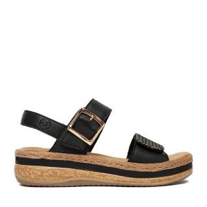 Sandały Rieker. Brązowe sandały Rieker, bez wzorów, bez obcasa, na koturnie, bez zapięcia. Za 299,99 zł.