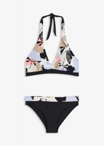 Bikini z dekoltem halter (2 części). Białe bikini bonprix, bez wzorów. Za 97,99 zł.