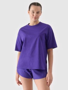 4F T-shirt oversize gładki damski - fioletowy S. Fioletowe t-shirty 4f, s, bez wzorów, z bawełny, bez kołnierzyka, bez ramiączek. W wyprzedaży za 29,99 zł.