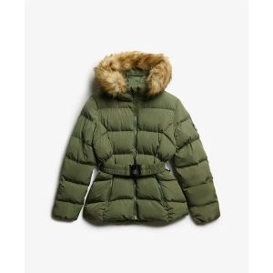 Damska kurtka puchowa Superdry Fuji Belted. Zielone kurtki Superdry, bez wzorów, z puchu, bez kaptura. Za 574,30 zł.