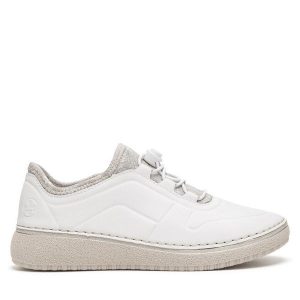 Półbuty Rieker. Białe półbuty Rieker, bez wzorów, bez obcasa, na płaskiej podeszwie, bez zapięcia. Za 349,99 zł.