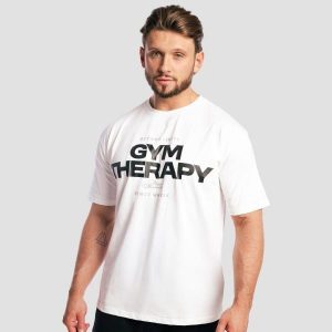 Koszulka męska fitness oversize Gym Therapy. Białe balerinki GYMBEAM, bez wzorów, z bawełny, z okrągłym noskiem, bez obcasa, bez zapięcia. Za 89,90 zł.