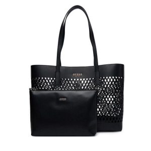 Torebka Guess. Czarne shopper bag Guess, z aplikacjami, bez dodatków. Za 679,99 zł.