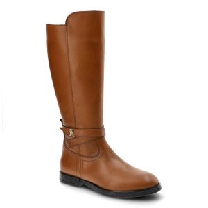 Brązowe Kozaki Damskie Tommy Hilfiger Eleganckie Skórzane Buty. Brązowe kozaki TOMMY HILFIGER, bez wzorów, ze skóry, bez obcasa, na obcasie, bez zapięcia. Za 689,00 zł.
