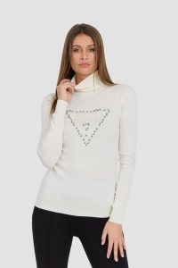 GUESS Biały damski golf Piper Triangle Logo. Białe golfy Guess, z aplikacjami, z materiału. W wyprzedaży za 246,99 zł.