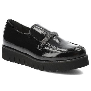 Czarne Półbuty Armodo Eleganckie Buty Damskie. Czarne półbuty Armodo, z aplikacjami, ze skóry, bez obcasa, na platformie, bez zapięcia. Za 322,99 zł.