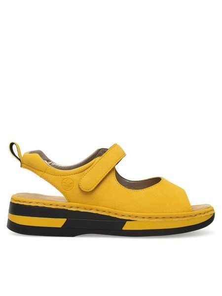 Rieker Sandały V59Q4-68 Żółty. Żółte sandały Rieker, bez wzorów, z syntetyku, bez obcasa, na płaskiej podeszwie, bez zapięcia. Za 299,99 zł.