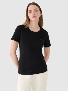 4F T-shirt regular gładki damski - czarny XL. Czarne t-shirty 4f, xl, bez wzorów, z bawełny, bez kołnierzyka, bez ramiączek. Za 49,99 zł.
