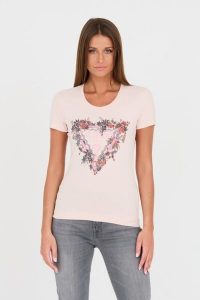 GUESS Różowy damski t-shirt bawełniany z logo, Rozmiar XS. Czerwone t-shirty Guess, s, z aplikacjami, z bawełny, bez kołnierzyka, bez ramiączek. W wyprzedaży za 184,99 zł.