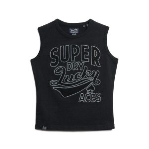 Damski wąski tank top Superdry Retro. Czarne topy Superdry, bez wzorów, retro, bez kołnierzyka, bez ramiączek. Za 162,15 zł.